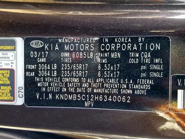 KNDMB5C12H6340062 - 2017 KIA SEDONA LX BROWN photo 10