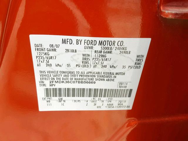 2FMDK36C07BB56669 - 2007 FORD EDGE SE ORANGE photo 10