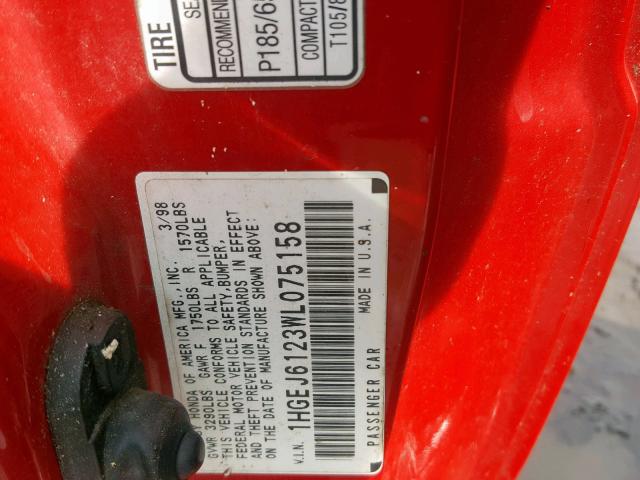 1HGEJ6123WL075158 - 1998 HONDA CIVIC DX RED photo 10