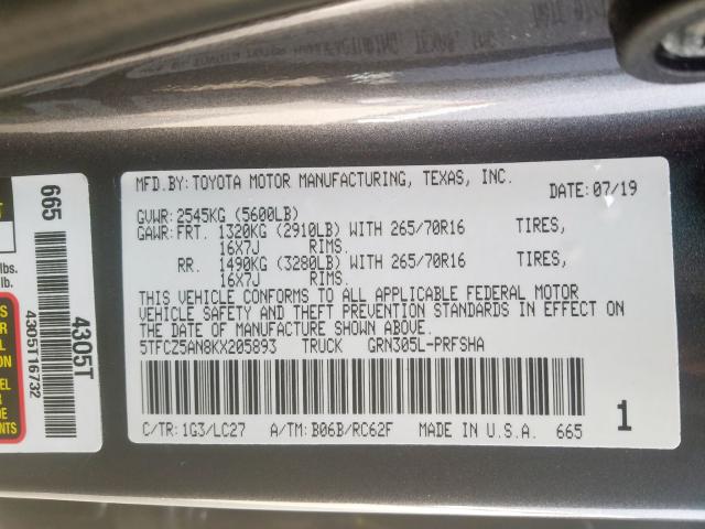 5TFCZ5AN8KX205893 - 2019 TOYOTA TACOMA DOUBLE CAB  照片 10