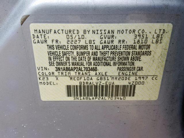 3N1AB6AP2AL703460 - 2010 NISSAN SENTRA 2.0 SILVER photo 10