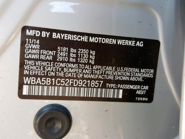 WBA5B1C52FD921857 - 2015 BMW 535 I SILVER photo 10