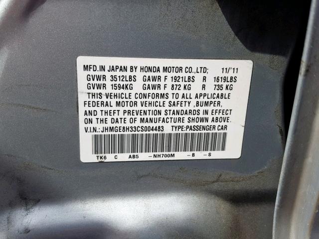 JHMGE8H33CS004483 - 2012 HONDA FIT SILVER photo 10