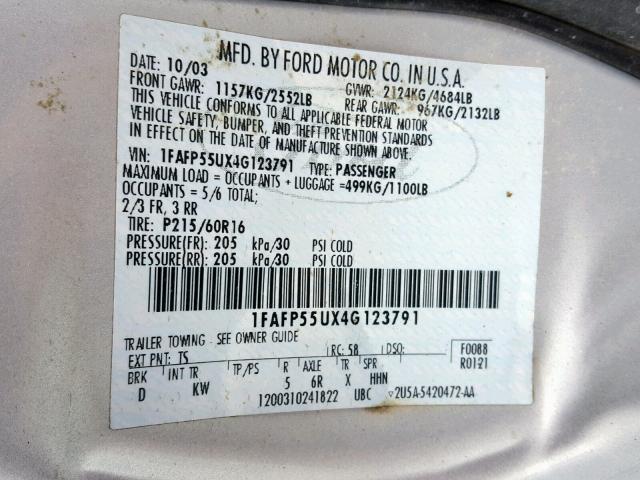 1FAFP55UX4G123791 - 2004 FORD TAURUS SES GRAY photo 10