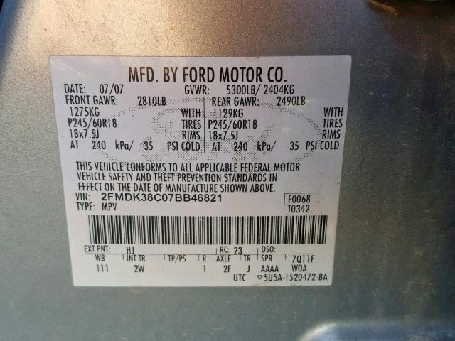 2FMDK38C07BB46821 - 2007 FORD EDGE SEL GRAY photo 10