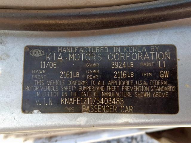 KNAFE121175403485 - 2007 KIA SPECTRA EX BLUE photo 10