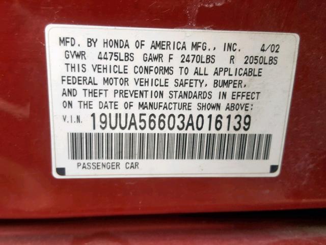 19UUA56603A016139 - 2003 ACURA 3.2TL RED photo 10