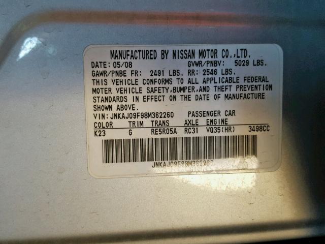 JNKAJ09F98M362260 - 2008 INFINITI EX35 BASE SILVER photo 10