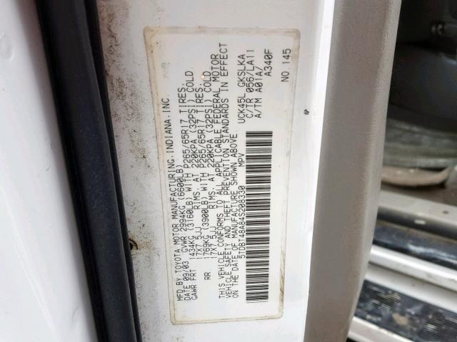 5TDBT48A84S208330 - 2004 TOYOTA SEQUOIA LI WHITE photo 10