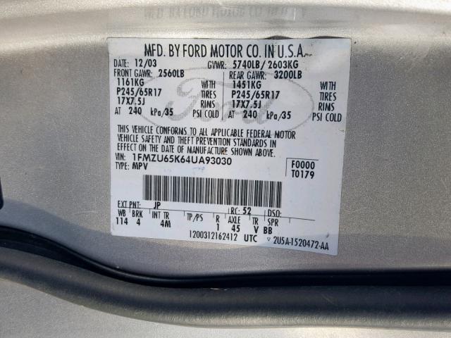 1FMZU65K64UA93030 - 2004 FORD EXPLORER L GRAY photo 10