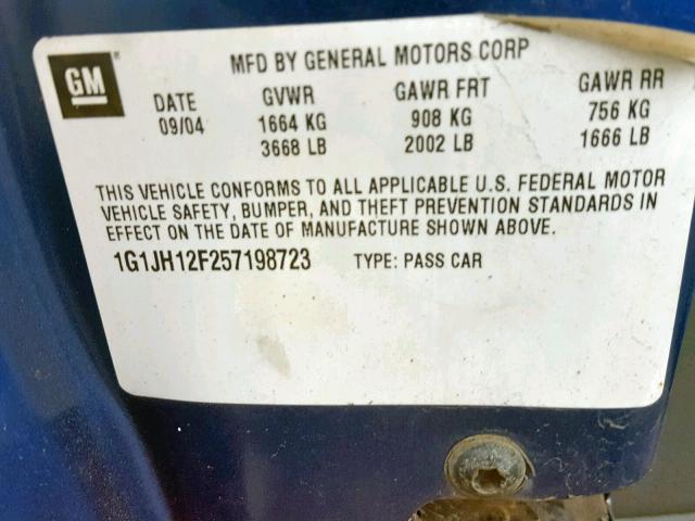 1G1JH12F257198723 - 2005 CHEVROLET CAVALIER L BLUE photo 10