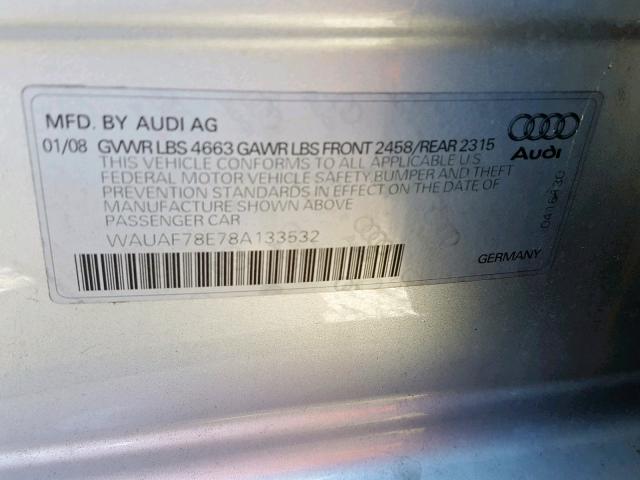 WAUAF78E78A133532 - 2008 AUDI A4 2.0T SILVER photo 10