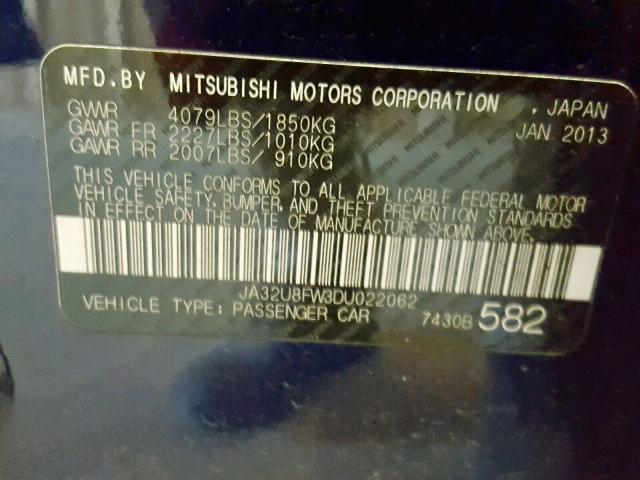 JA32U8FW3DU022062 - 2013 MITSUBISHI LANCER GT BLUE photo 10