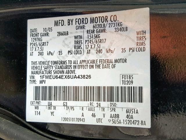 1FMEU64EX6UA43826 - 2006 FORD EXPLORER E BLACK photo 10