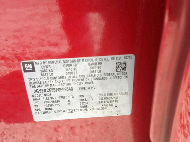 3GYFNCE35FS599540 - 2015 CADILLAC SRX PERFOR RED photo 10