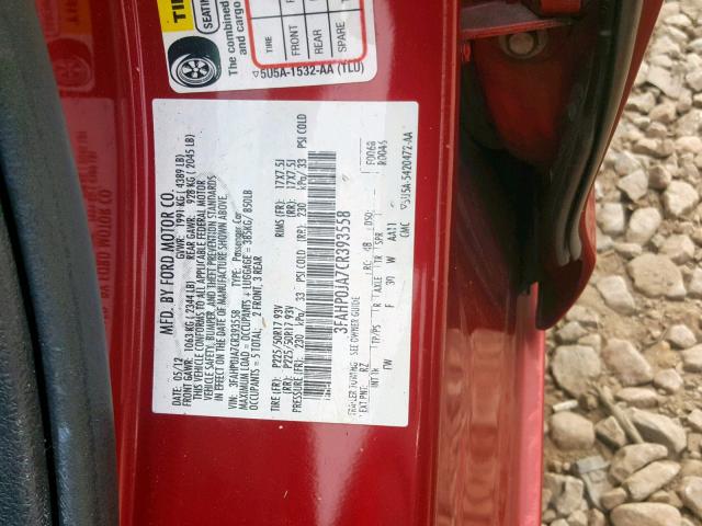 3FAHP0JA7CR393558 - 2012 FORD FUSION SEL RED photo 10