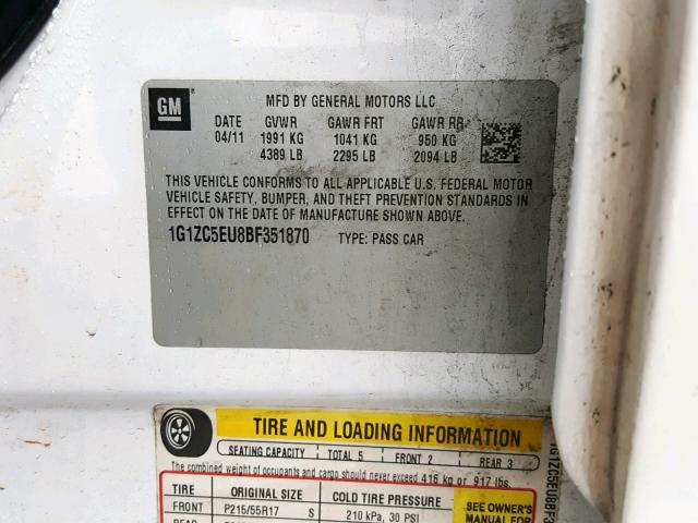 1G1ZC5EU8BF351870 - 2011 CHEVROLET MALIBU 1LT 白色 照片 10