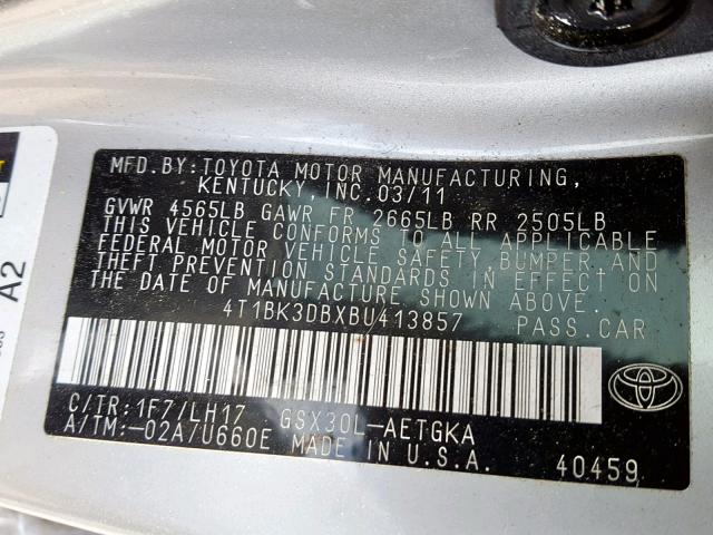 4T1BK3DBXBU413857 - 2011 TOYOTA AVALON BAS SILVER photo 10