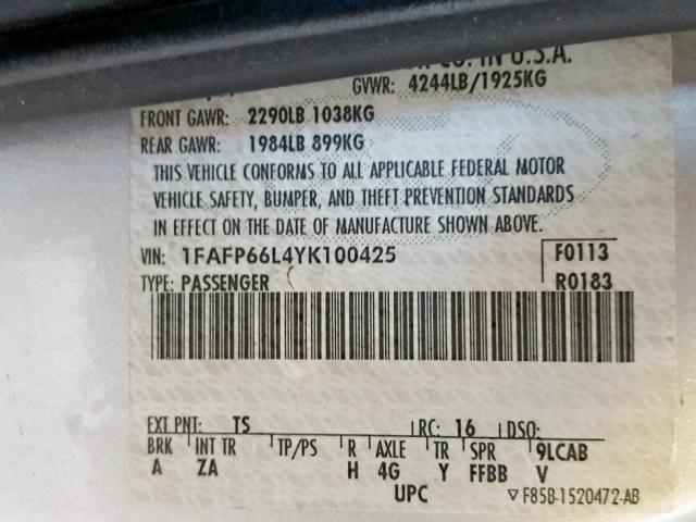 1FAFP66L4YK100425 - 2000 FORD CONTOUR SE SILVER photo 10