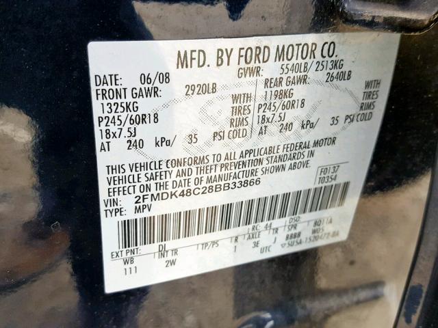 2FMDK48C28BB33866 - 2008 FORD EDGE SEL BLUE photo 10