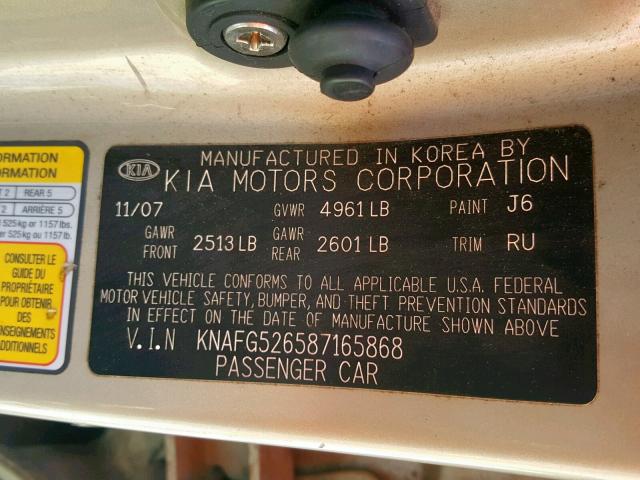 KNAFG526587165868 - 2008 KIA RONDO LX GOLD photo 10