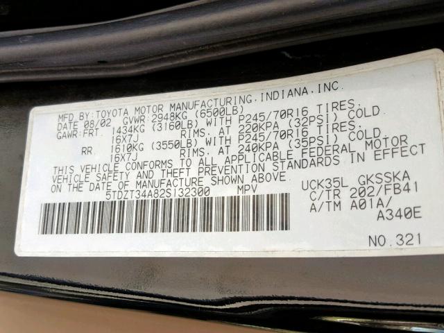 5TDZT34A82S132300 - 2002 TOYOTA SEQUOIA SR BLACK photo 10