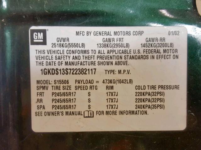 1GKDS13S722382117 - 2002 GMC ENVOY GREEN photo 10