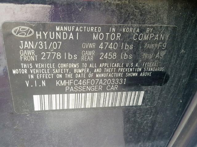 KMHFC46F07A203331 - 2007 HYUNDAI AZERA SE PURPLE photo 10