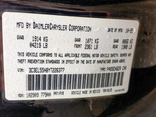 3C3EL55H8YT226377 - 2000 CHRYSLER SEBRING JX BLACK photo 10