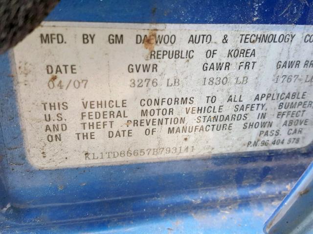 KL1TD66657B793141 - 2007 CHEVROLET AVEO BASE ლურჯი ფოტო 10