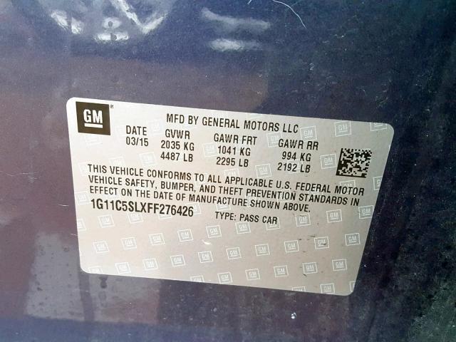 1G11C5SLXFF276426 - 2015 CHEVROLET MALIBU 1LT 蓝色 照片 10