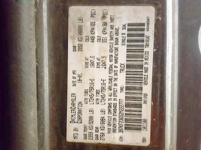 3B7KF23652M222777 - 2002 DODGE RAM 2500 GRAY photo 10