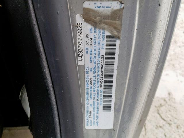 3VWCC21C0YM411123 - 2000 VOLKSWAGEN NEW BEETLE ნაცრისფერი ფოტო 10