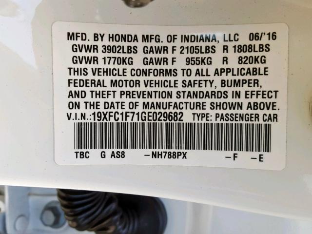 19XFC1F71GE029682 - 2016 HONDA CIVIC EXL WHITE photo 10