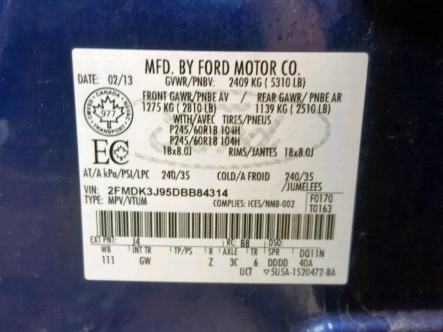 2FMDK3J95DBB84314 - 2013 FORD EDGE SEL BLUE photo 10