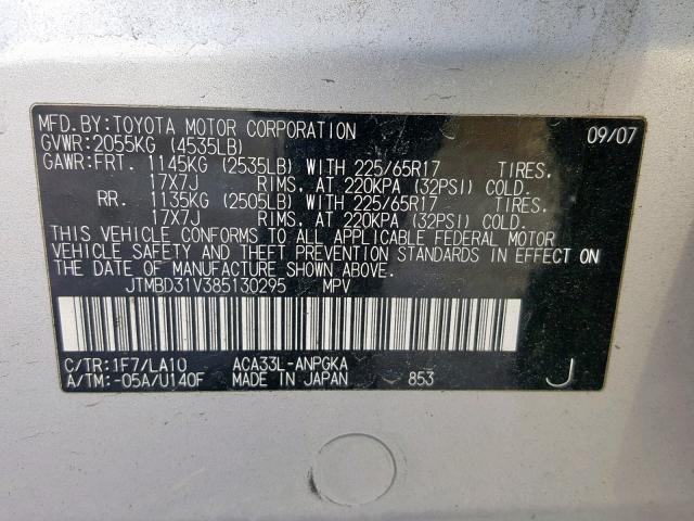 JTMBD31V385130295 - 2008 TOYOTA RAV4 LIMIT SILVER photo 10