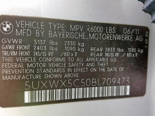 5UXWX5C50BL709473 - 2011 BMW X3 XDRIVE2 SILVER photo 10