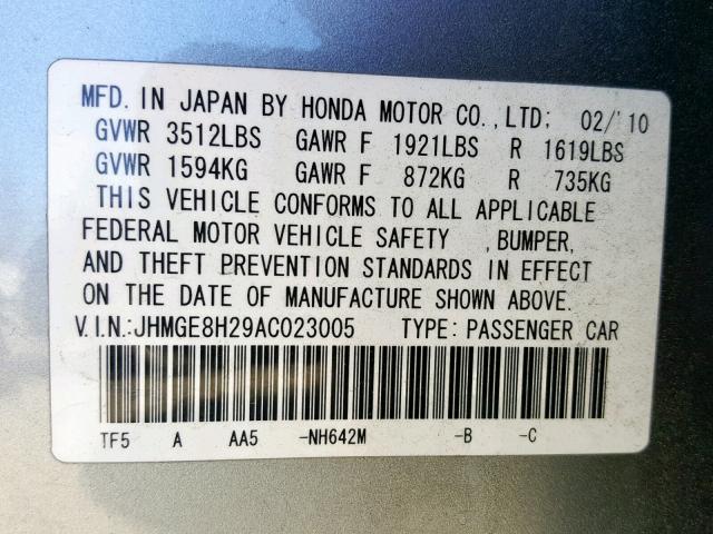 JHMGE8H29AC023005 - 2010 HONDA FIT SILVER photo 10