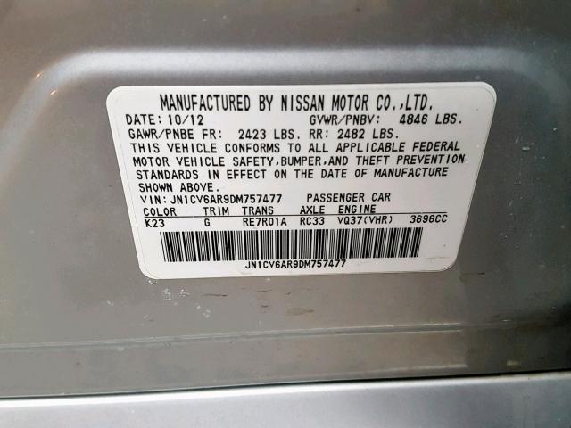 JN1CV6AR9DM757477 - 2013 INFINITI G37 SILVER photo 10