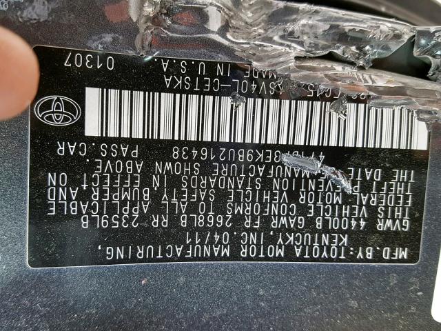 4T1BF3EK9BU216438 - 2011 TOYOTA CAMRY BASE CHARCOAL photo 10