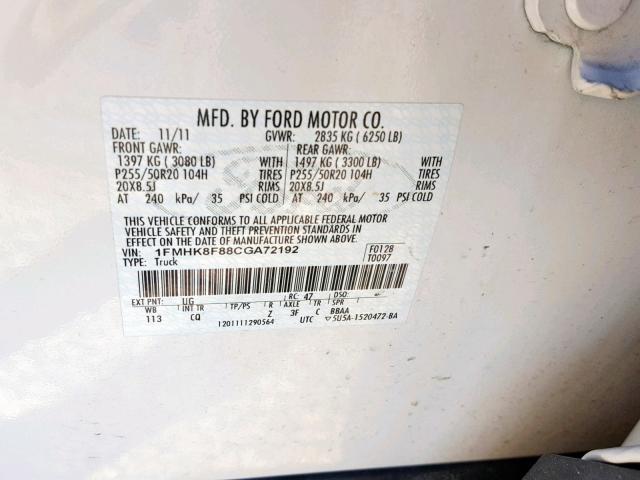 1FMHK8F88CGA72192 - 2012 FORD EXPLORER L WHITE photo 10