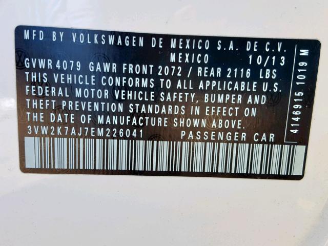 3VW2K7AJ7EM226041 - 2014 VOLKSWAGEN JETTA BASE WHITE photo 10