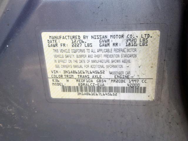 3N1AB61E67L645652 - 2007 NISSAN SENTRA 2.0 SILVER photo 10