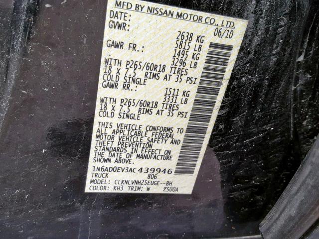 1N6AD0EV3AC439946 - 2010 NISSAN FRONTIER C BLACK photo 10