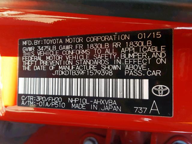 JTDKDTB39F1579398 - 2015 TOYOTA PRIUS C RED photo 10