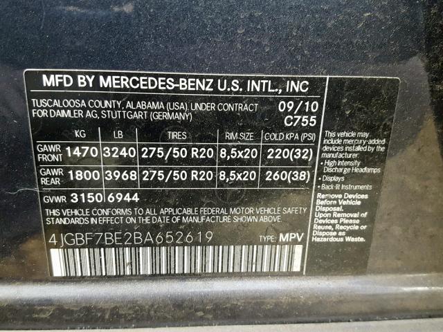 4JGBF7BE2BA652619 - 2011 MERCEDES-BENZ GL 450 4MA GRAY photo 10