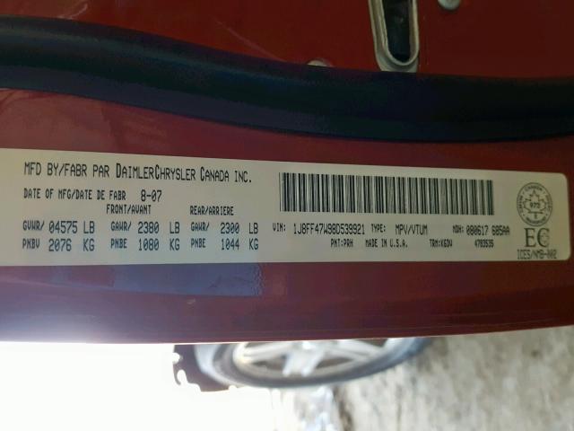 1J8FF47W98D539921 - 2008 JEEP COMPASS SP Қызыл фото 10