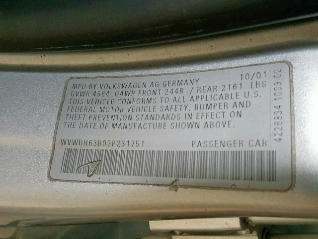 WVWRH63B02P231751 - 2002 VOLKSWAGEN PASSAT GLX 银色 照片 10