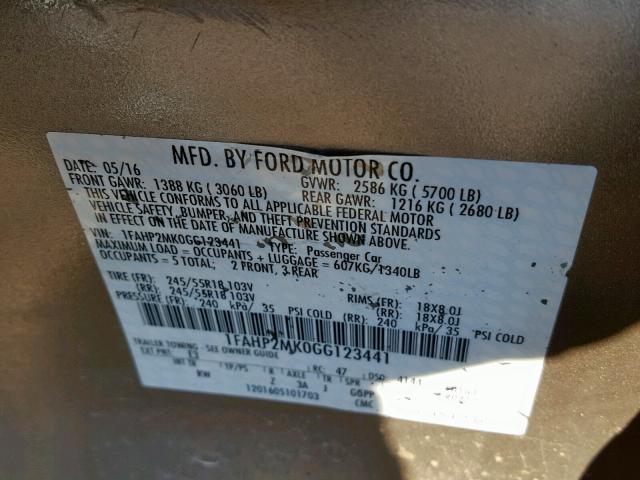 1FAHP2MK0GG123441 - 2016 FORD TAURUS POL GRAY photo 10