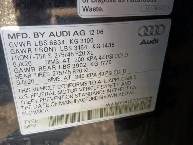 WA1BY74L67D070016 - 2007 AUDI Q7 3.6 QUA BLACK photo 10